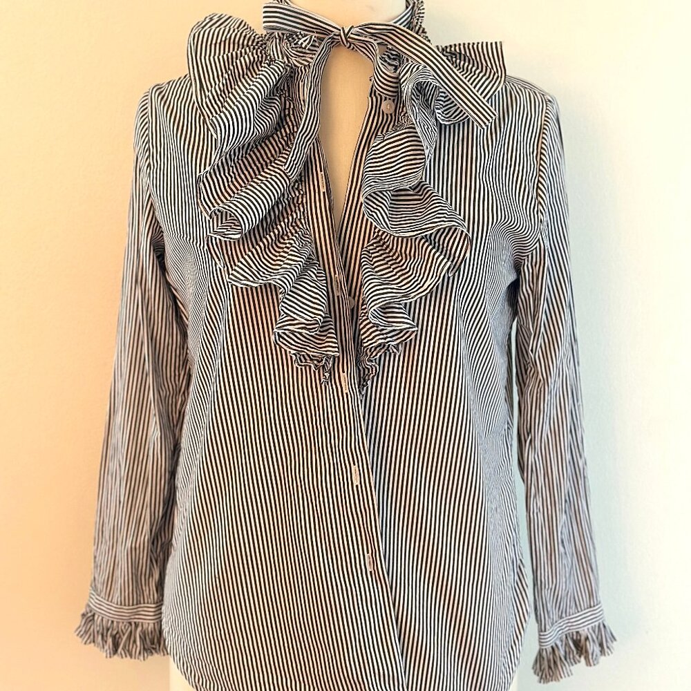J.Crew Women's Pinstripe Ruffle Front Blouse Size 4